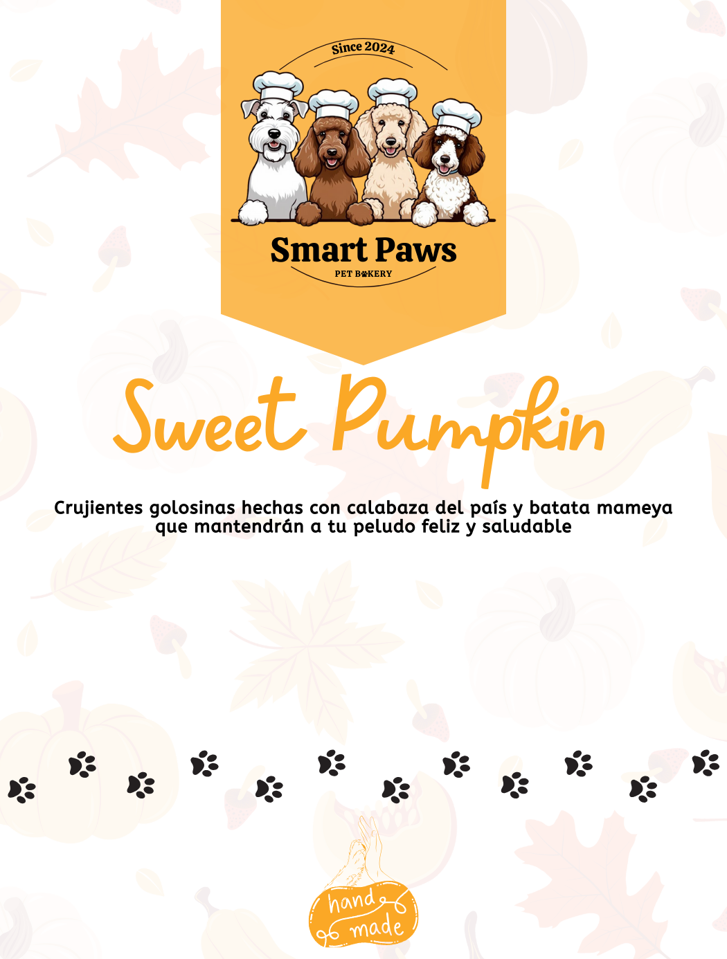 Sweet pumpkin dog treat bag label, orange store logo background, dog treat flavor name in orange font
